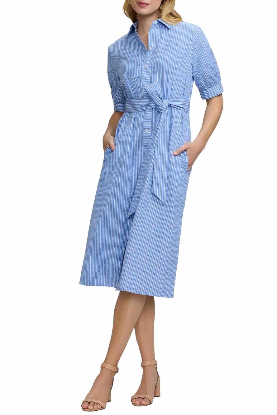 NEW FOXCROFT esther seersucker shirt dress in blue multi